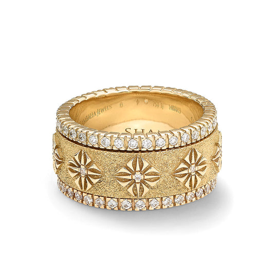 SOS Spin Ring in 18K yellow gold with G/VS diamonds, spinning center detail