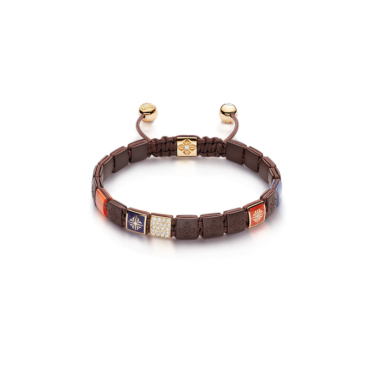 6mm SHAMBALLA Lock Bracelet in 18K yellow gold with brown diamonds, blue sapphires, and orange carnelian, by Shamballa Jewels