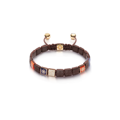 6mm SHAMBALLA Lock Bracelet in 18K yellow gold with brown diamonds, blue sapphires, and orange carnelian, by Shamballa Jewels