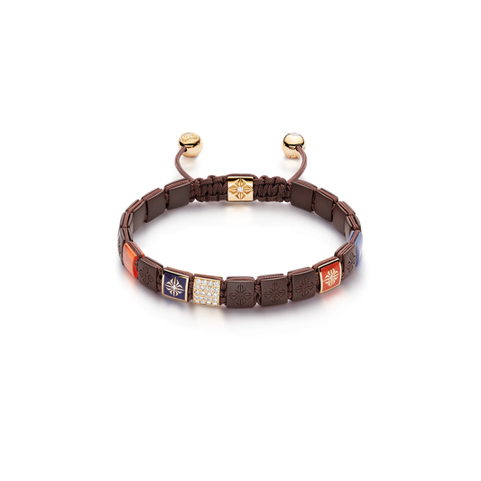 6mm SHAMBALLA Lock Bracelet in 18K yellow gold with brown diamonds, blue sapphires, and orange carnelian, by Shamballa Jewels