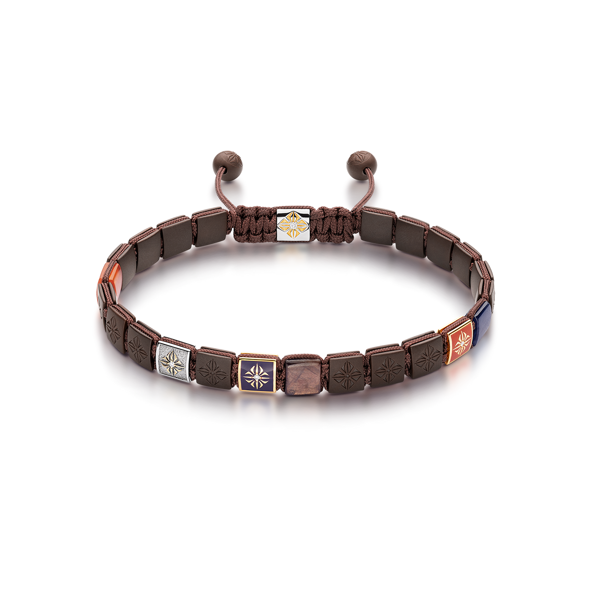 6mm SHAMBALLA Lock Bracelet in 18K black rhodium plated yellow gold with blue sapphires, brown sapphires, and orange carnelian, by Shamballa Jewels
