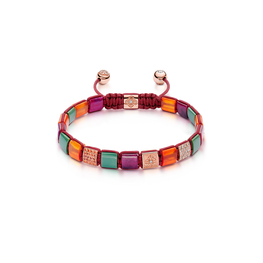 6mm SHAMBALLA Lock Bracelet in 18K rose gold with rubies, orange carnelian, and dark green turquoise, by Shamballa Jewels