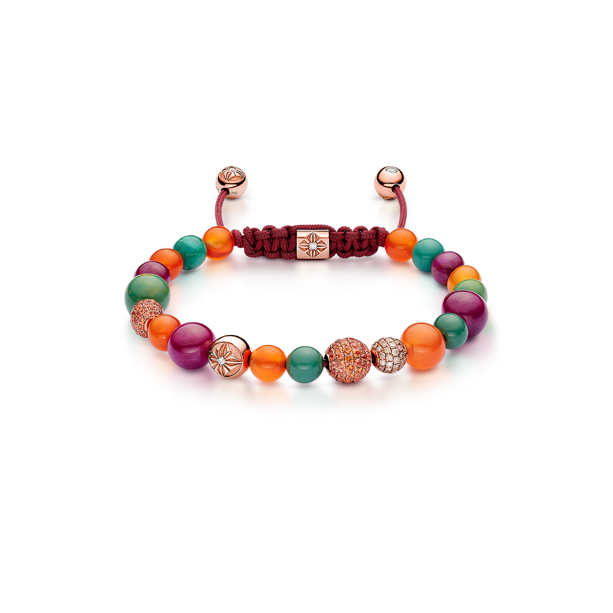 Multisize Non-Braided Bracelet in 18K rose gold with rubies, orange carnelian, and dark green turquoise, by Shamballa Jewels