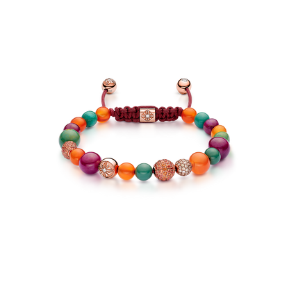 Multisize Non-Braided Bracelet in 18K rose gold with rubies, orange carnelian, and dark green turquoise, by Shamballa Jewels