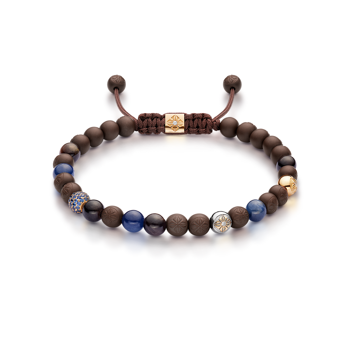 6mm SHAMBALLA Non-Braided Bracelet in 18K yellow gold with blue sapphires, brown sapphires, and white diamonds, by Shamballa Jewels