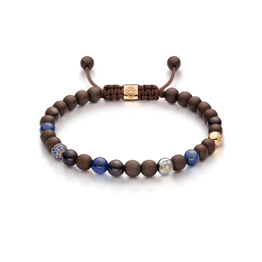 6mm SHAMBALLA Non-Braided Bracelet in 18K yellow gold with blue sapphires, brown sapphires, and white diamonds, by Shamballa Jewels