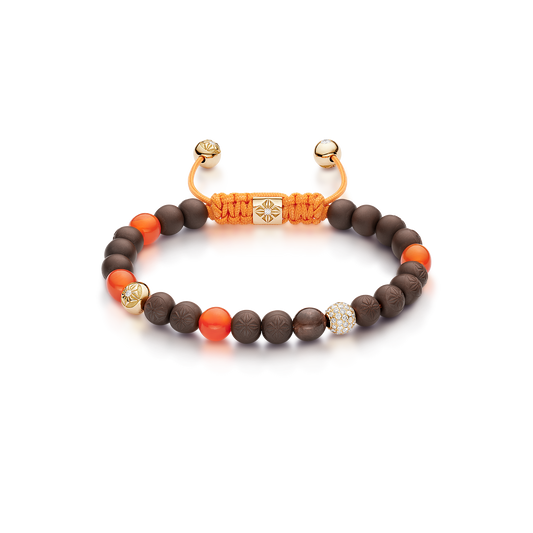 6mm SHAMBALLA Non-Braided Bracelet in 18K yellow gold with brown diamonds, brown sapphires, and orange carnelian, by Shamballa Jewels