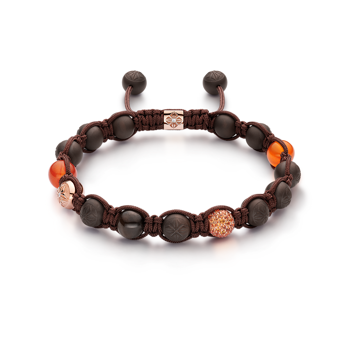 8mm Braided Bracelet in 18K rose gold with brown sapphires, orange carnelian, and orange sapphires, by Shamballa Jewels