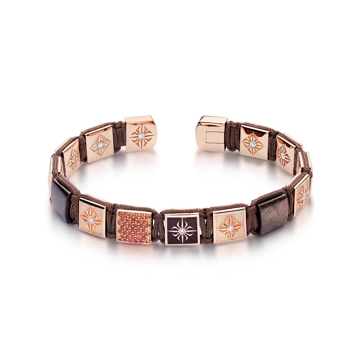 Lock Cuff With Braiding in 18K rose gold with white diamonds, orange sapphires, and brown sapphires, by Shamballa Jewels