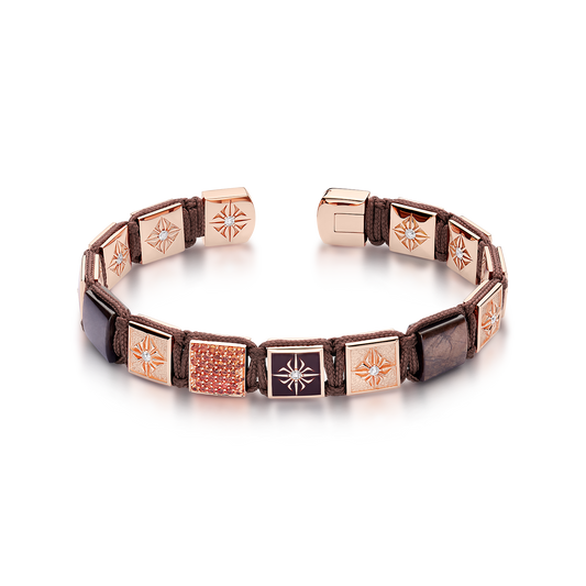 Lock Cuff With Braiding in 18K rose gold with white diamonds, orange sapphires, and brown sapphires, by Shamballa Jewels