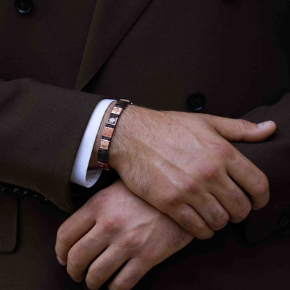 Lock Cuff With Braiding in 18K rose gold with white diamonds, orange sapphires, and brown sapphires, by Shamballa Jewels