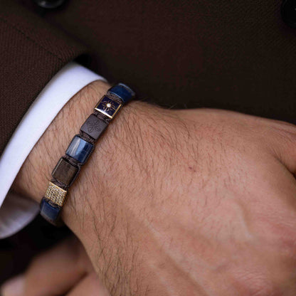 10mm SHAMBALLA Lock Bracelet in 18K yellow gold with brown sapphires, blue sapphires, and brown diamonds, by Shamballa Jewels