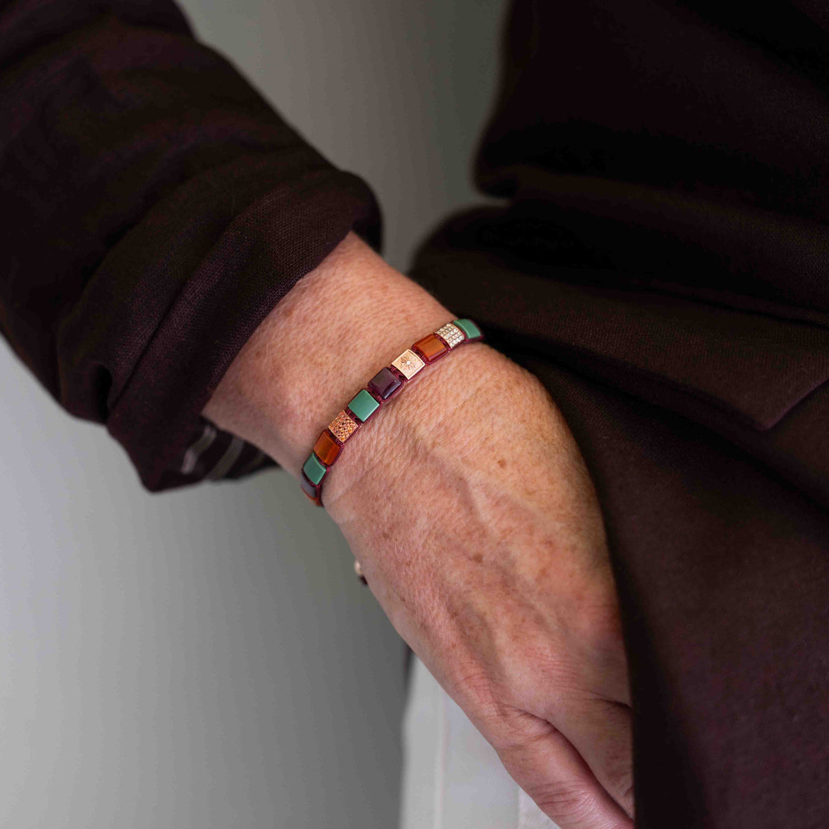 6mm SHAMBALLA Lock Bracelet in 18K rose gold with rubies, orange carnelian, and dark green turquoise, by Shamballa Jewels