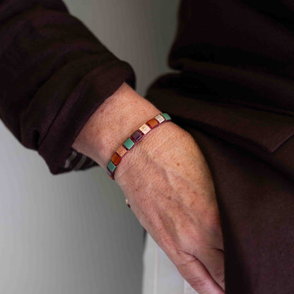 6mm SHAMBALLA Lock Bracelet in 18K rose gold with rubies, orange carnelian, and dark green turquoise, by Shamballa Jewels