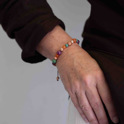 Multisize Non-Braided Bracelet in 18K rose gold with rubies, orange carnelian, and dark green turquoise, by Shamballa Jewels