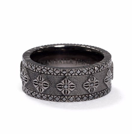 SOS Spin Ring in 18K black rhodium plated white gold with black diamonds, spinning center detail